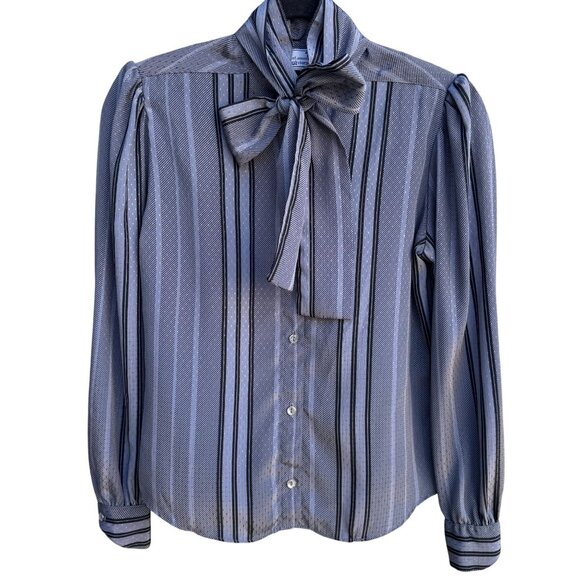 The Great American Short Story Vintage 70s Gray Striped Bow Puff Sleeve Blouse M - Picture 1 of 10